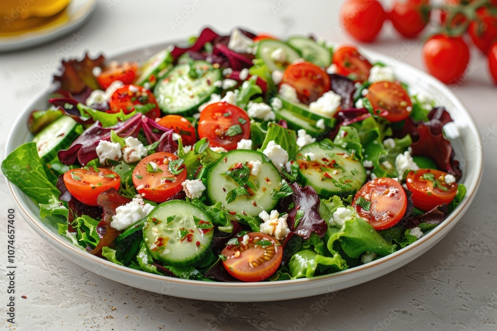 Fresh Salad with Cucumber, Cherry Tomatoes, Feta Cheese, and Mixed Greens Fresh Salad with Cucumber, Cherry Tomatoes, Feta Cheese, and Mixed Greens