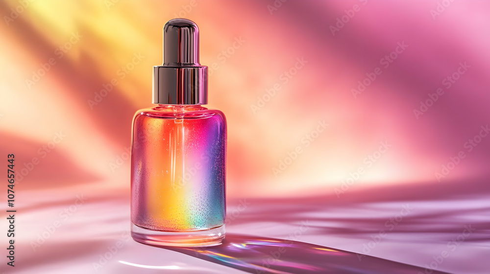 Dropper Bottle with Rainbow Liquid on Pink Background Illustration Dropper Bottle with Rainbow Liquid on Pink Background Illustration