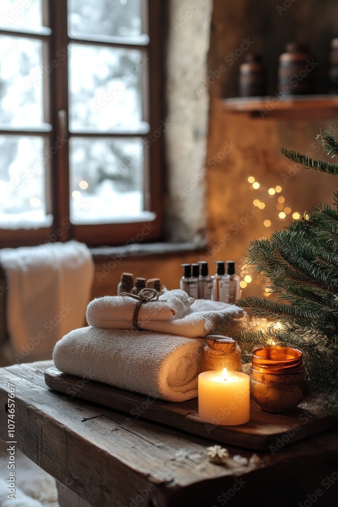 Cozy spa setup with candles and rolled towels. Cozy spa setup with candles and rolled towels.