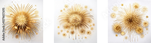 Three abstract golden bursts reminiscent of fireworks explode against a stark white backdrop.