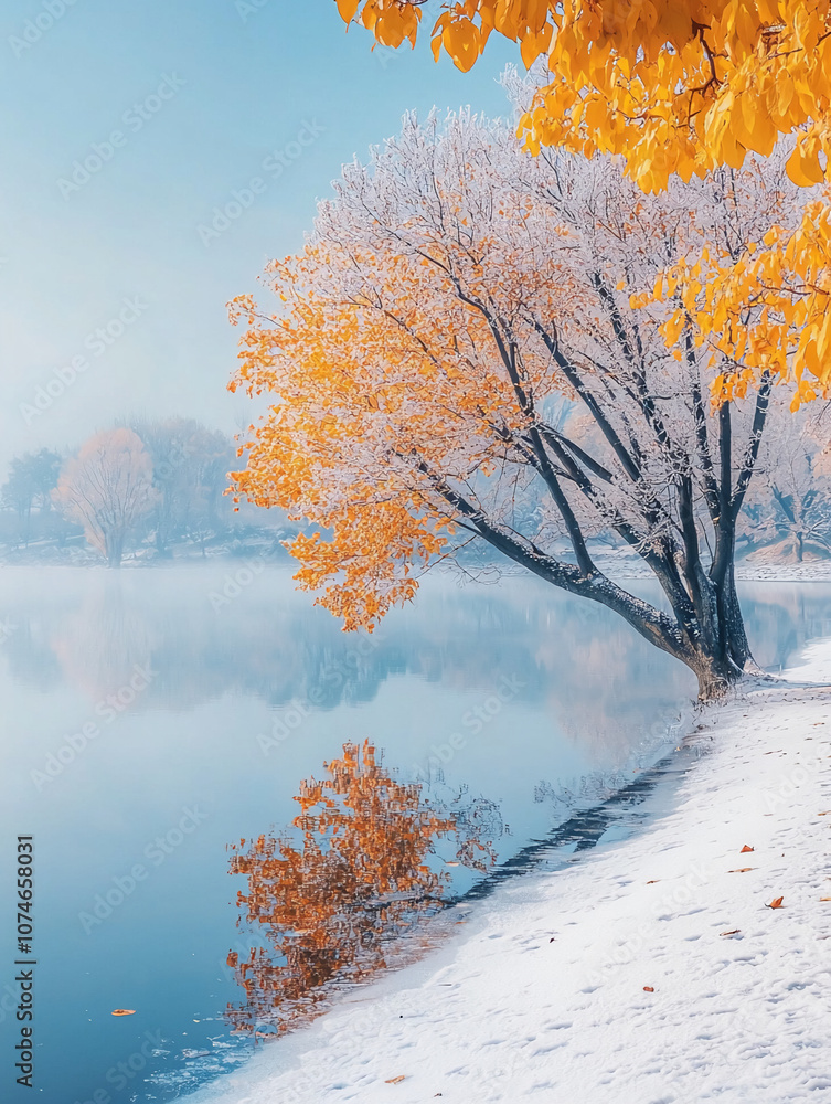 Naklejka premium A frosty tree with yellow leaves stands tall by a calm lake, reflecting its beauty in the still water on a cold winter morning
