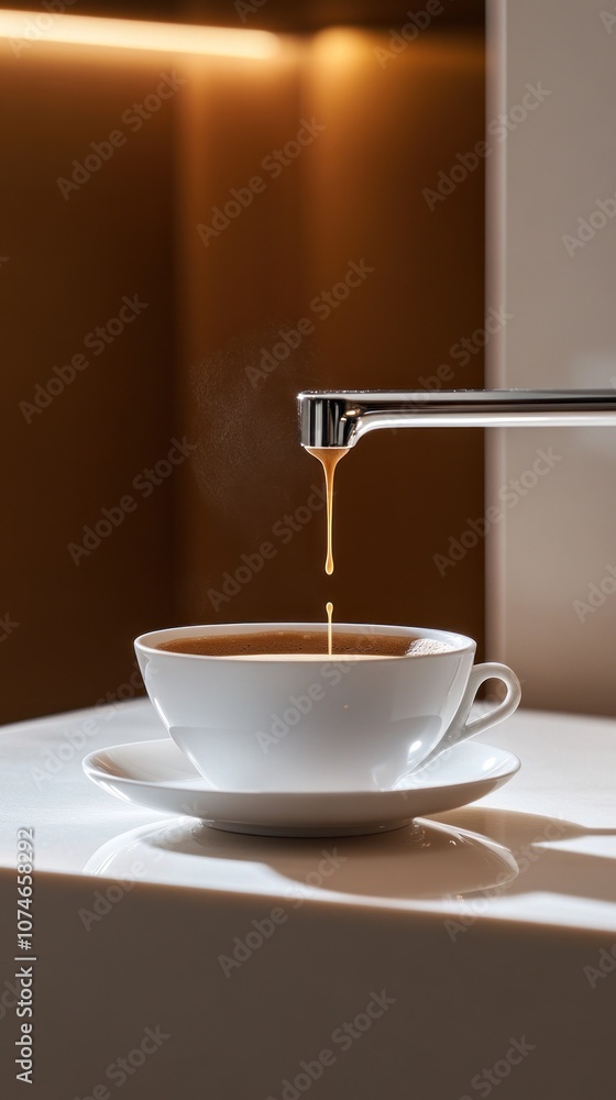 Elegant coffee drip from shiny coffee machine spout Elegant coffee drip from shiny coffee machine spout