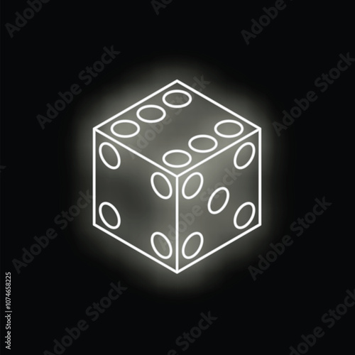 White neon dice glowing on black background representing the concept of gambling and chance