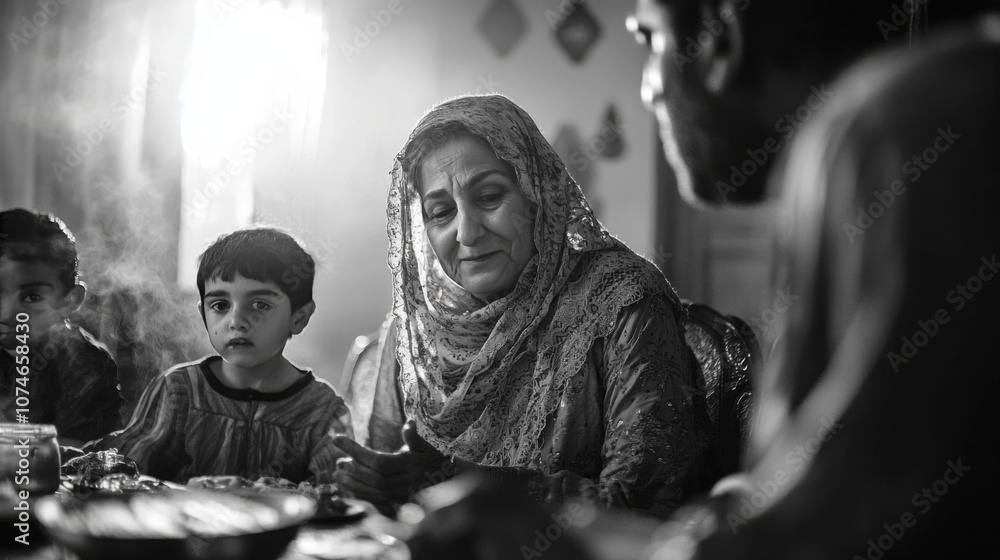 Fototapeta premium Black and White Photograph of Family Gathering During Traditional Eid Celebration, Warm Expressions and Soft Focus