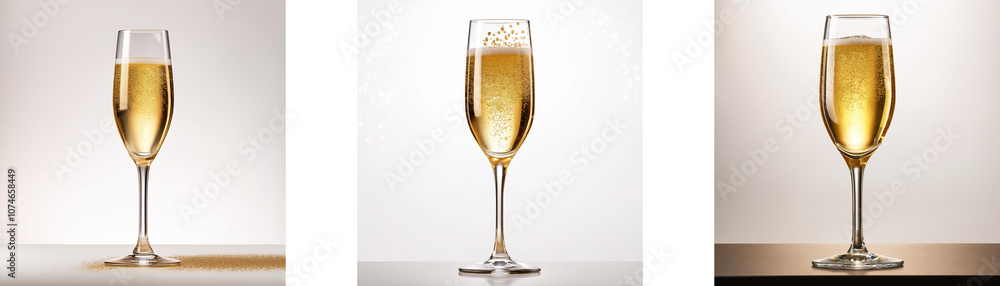 Three champagne flutes filled with sparkling wine, each in a different stage of effervescence. Three champagne flutes filled with sparkling wine, each in a different stage of effervescence.