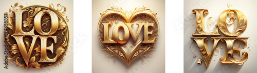 Three variations of the word "love" written in 3D gold with decorative designs.