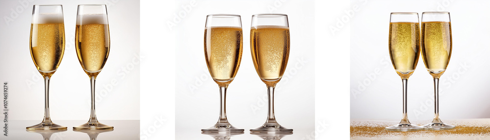 Three sets of champagne flutes filled with sparkling wine, arranged on a white background. Three sets of champagne flutes filled with sparkling wine, arranged on a white background.