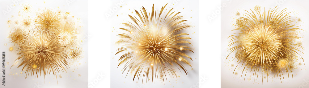 Obraz premium Three golden fireworks exploding on a white background.