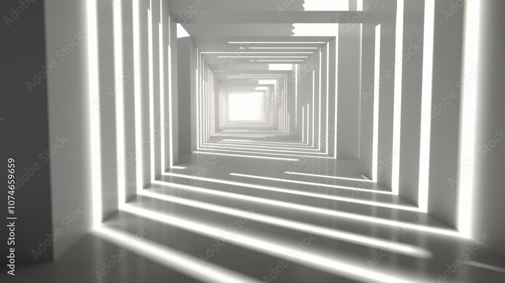 Obraz premium A perspective view of a bright, white corridor lined with geometric shapes casting shadows, leading towards a luminous light at the end for architectural design.