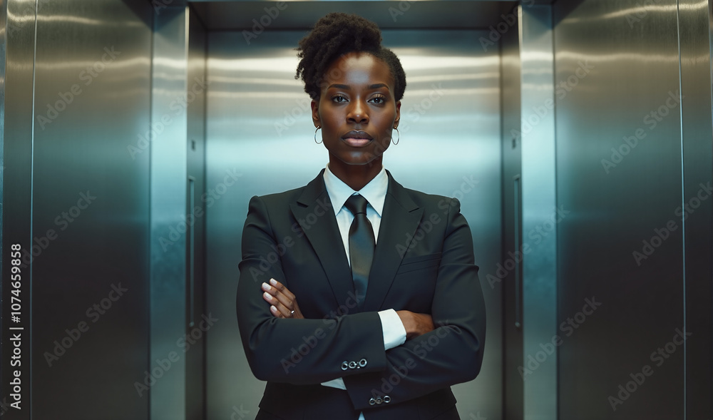 Confident businesswoman stands with arms crossed in a modern elevator, exuding authority and determination on her way to a corporate meeting. Confident businesswoman stands with arms crossed in a modern elevator, exuding authority and determination on her way to a corporate meeting.