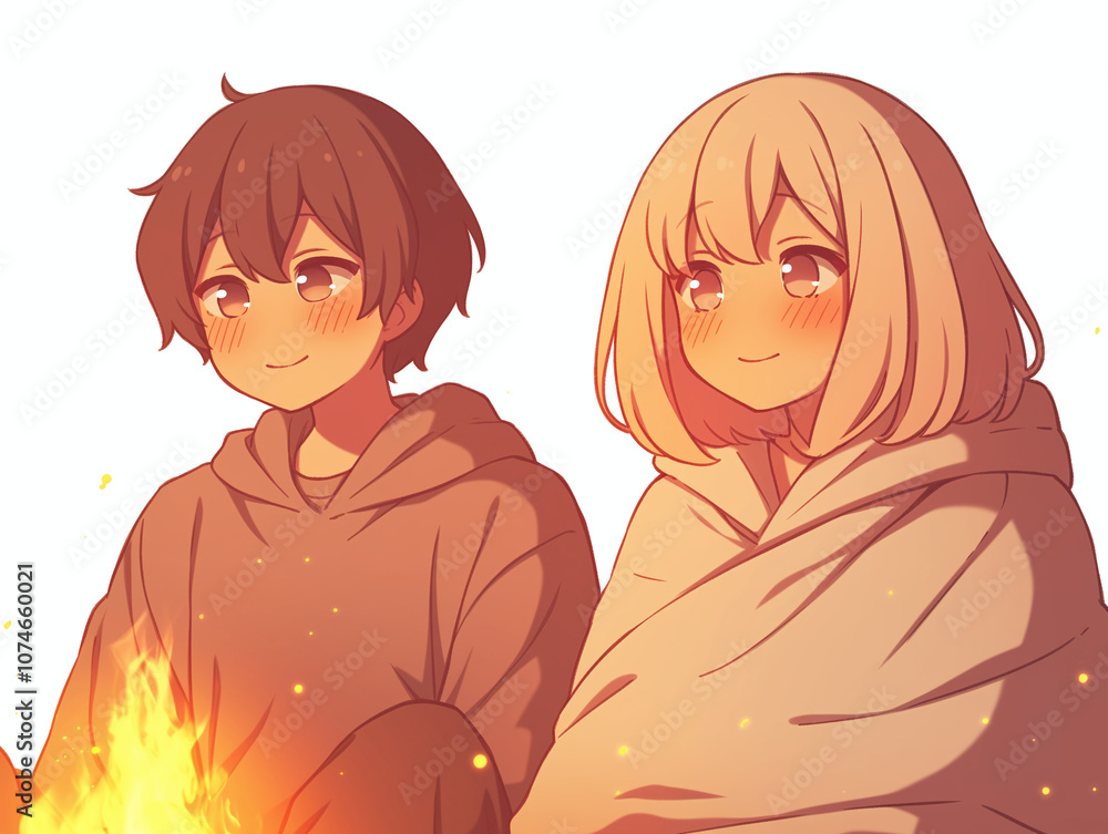 Anime Couple by the Campfire: A Romantic Illustration Anime Couple by the Campfire: A Romantic Illustration