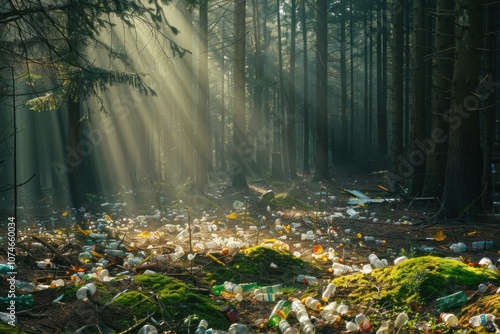 Trash scattered on forest floor in sunny woodland.