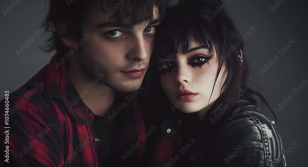 An emo couple with a strong visual style, with bold theatrical makeup and a daring outfit. An emo couple with a strong visual style, with bold theatrical makeup and a daring outfit.