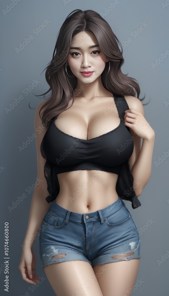 Naklejka premium a close up of a woman in a black top and denim shorts