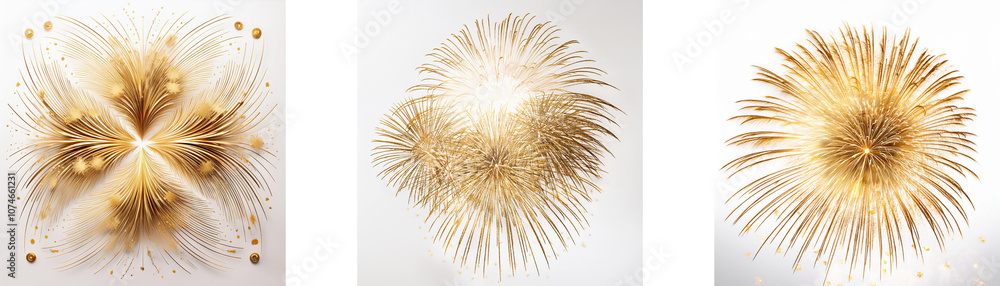 Three abstract art pieces in gold with spiky patterns on white background. Three abstract art pieces in gold with spiky patterns on white background.