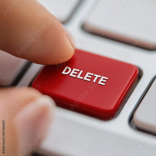 Red delete key being pressed by a fingertip.