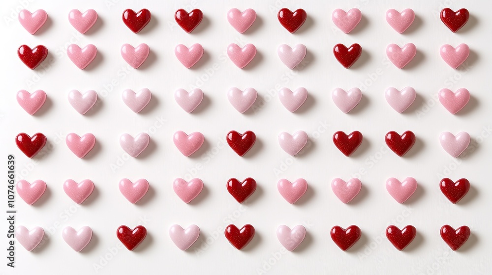 Colorful pattern of heart-shaped candies in red and pink on white background Colorful pattern of heart-shaped candies in red and pink on white background