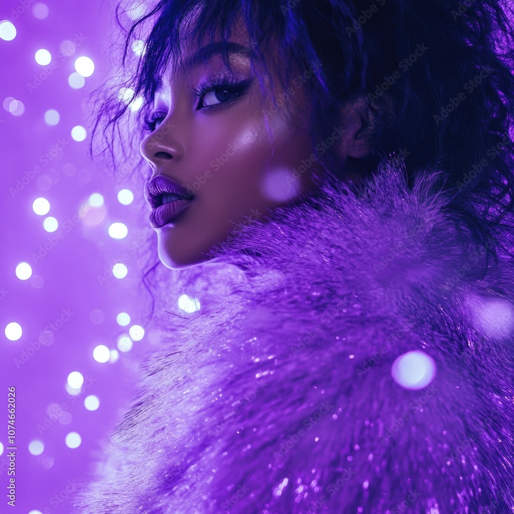 A girl in a purple fur coat, against a purple background with purple and blue tones. A girl in a purple fur coat, against a purple background with purple and blue tones.