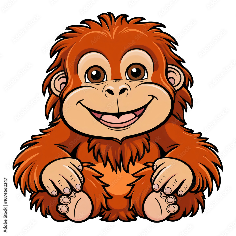 Obraz premium Cartoon orangutan sticker with big eyes and friendly smile on clean white background, generative ai