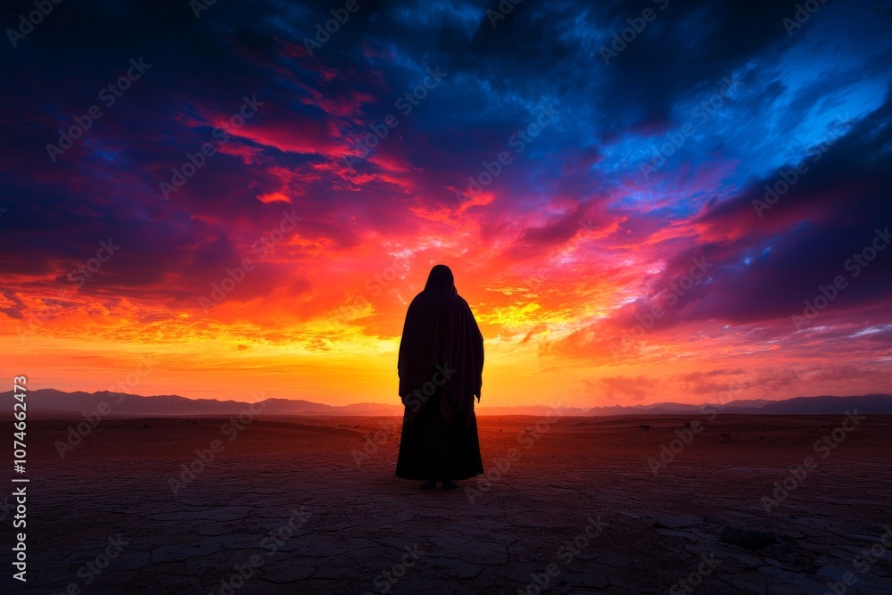 Silhouette of a Person in Traditional Islamic Dress Against a Vibrant Sunset in the Desert, Spiritual Scene with Colorful Sky Silhouette of a Person in Traditional Islamic Dress Against a Vibrant Sunset in the Desert, Spiritual Scene with Colorful Sky