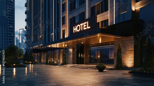 A hotel facade with illuminated text "HOTEL" on the building, exterior.