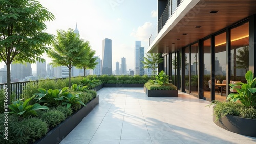 Beautiful Rooftop Garden Overlooking a Modern City Skyline with Lush Greenery