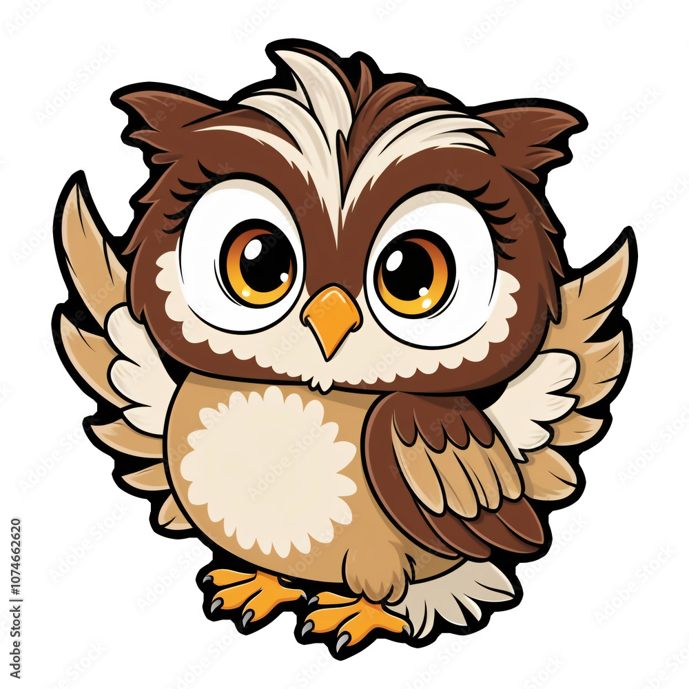Fototapeta premium Cartoon owl sticker with big eyes, fluffy tufts, and joyful expression on white background, generative ai
