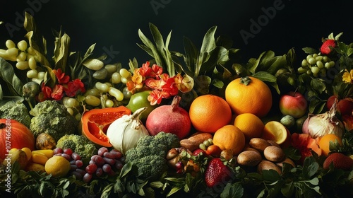 Assorted fruits and vegetables in a lush arrangement