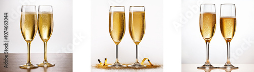 Three pairs of champagne flutes filled with bubbly.