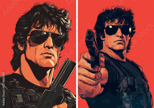 90s action movie cartoon vector posters. Bulletproof pistol athlete close up glasses man hold gun character, male muscle hero police special operative ops agent, red background concepts
