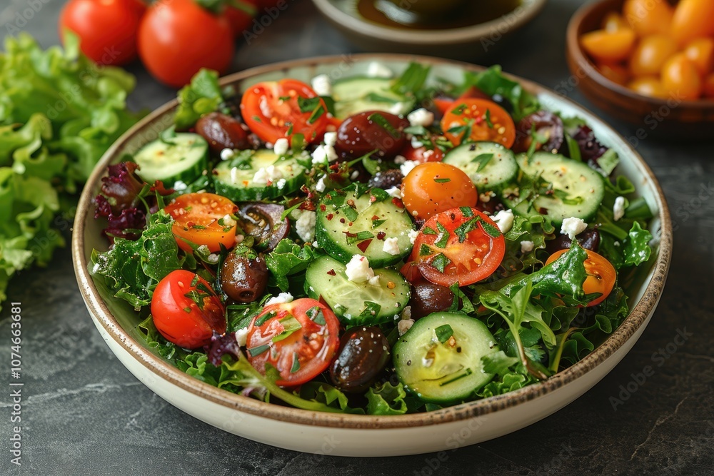 Fresh Salad with Tomatoes, Cucumbers, Olives, and Feta Cheese Fresh Salad with Tomatoes, Cucumbers, Olives, and Feta Cheese
