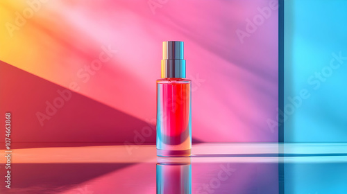 Glass Bottle with Sprayer on Colorful Background - 3D Illustration
