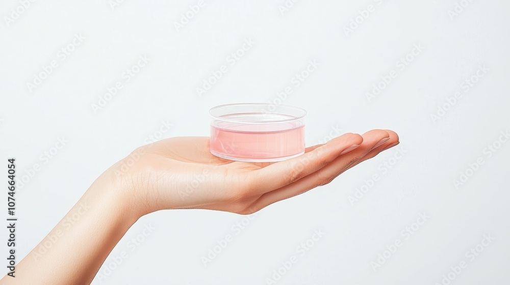 A hand holds a small jar of pink skincare cream against a clean, light background. A hand holds a small jar of pink skincare cream against a clean, light background.