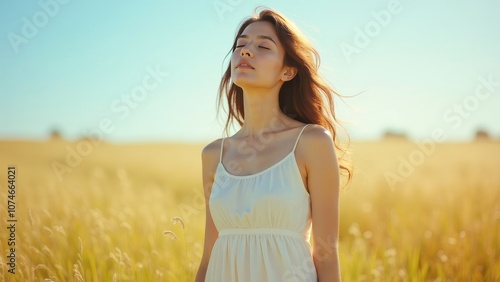 Serene Young Woman in a Sunlit Meadow Embracing Tranquility