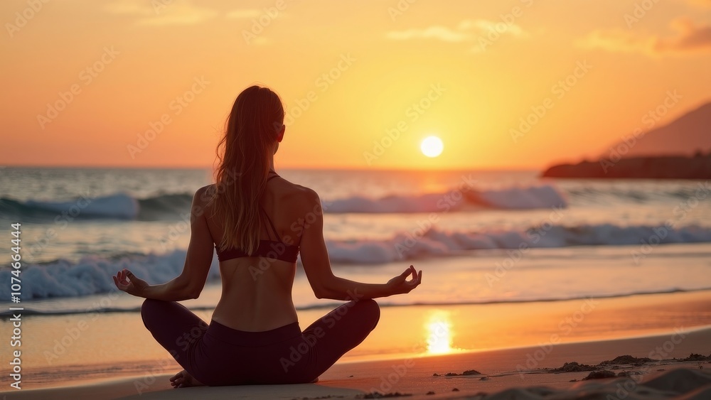 Serene Yogi Meditating on the Beach during a Sunset Serene Yogi Meditating on the Beach during a Sunset