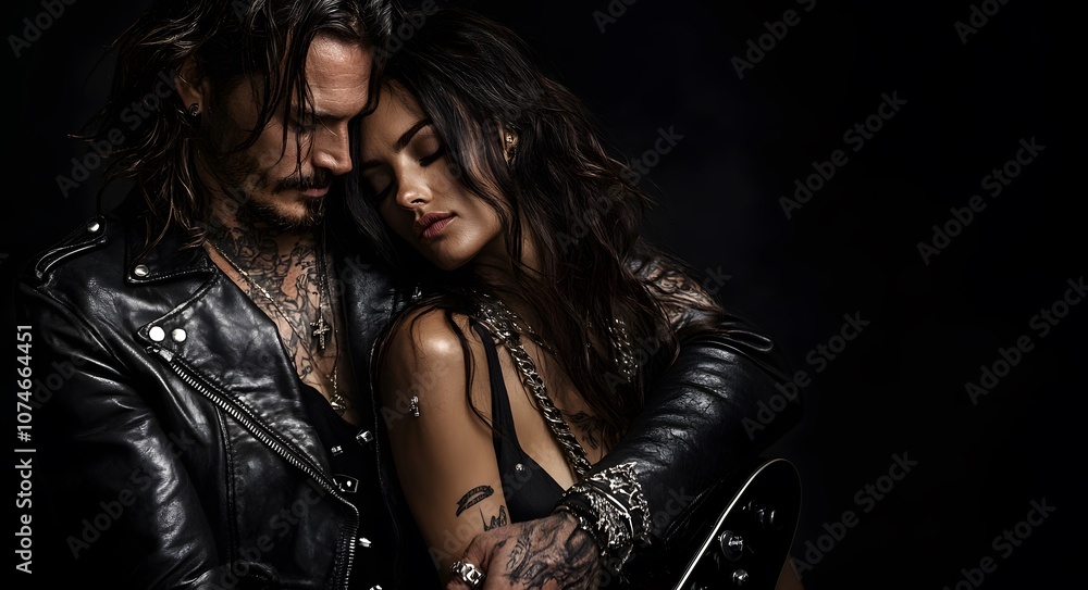 A couple in a close, intimate embrace against a dark backdrop. The rebellious rock-and-roll vibe. A couple in a close, intimate embrace against a dark backdrop. The rebellious rock-and-roll vibe.