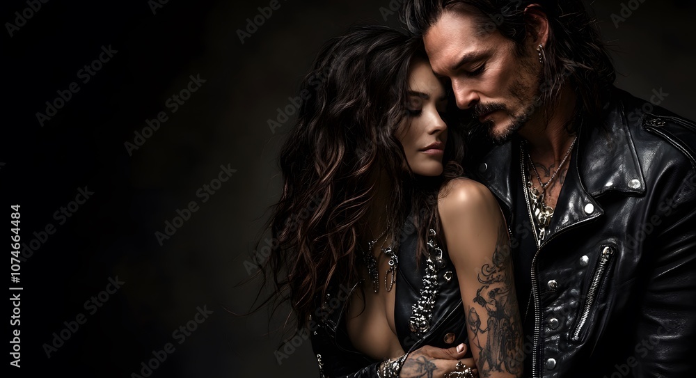 A couple in a close, intimate embrace against a dark backdrop. The rebellious rock-and-roll vibe. A couple in a close, intimate embrace against a dark backdrop. The rebellious rock-and-roll vibe.