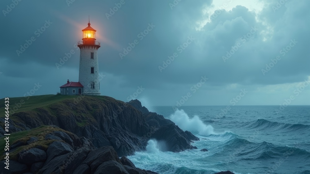 Solitary Lighthouse Standing Strong Against a Stormy Sea Solitary Lighthouse Standing Strong Against a Stormy Sea
