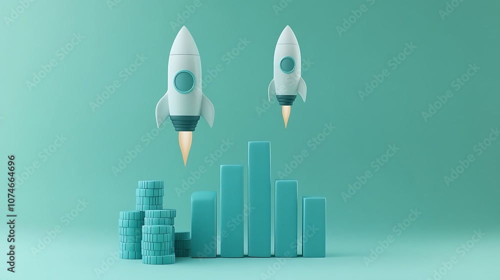 A blue bar graph with an upward trend rocket, Business graph bar with rocket A blue bar graph with an upward trend rocket, Business graph bar with rocket