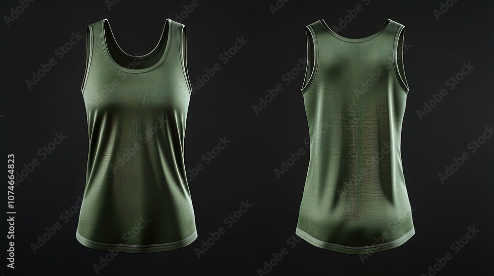Stylish Sleeveless Green Tank Top with Scoop Neck: Perfect for Athletic Decor Posters, Showcasing Front and Back Views on a Black Background, Made from Lightweight, Breathable Fabric. Stylish Sleeveless Green Tank Top with Scoop Neck: Perfect for Athletic Decor Posters, Showcasing Front and Back Views on a Black Background, Made from Lightweight, Breathable Fabric.