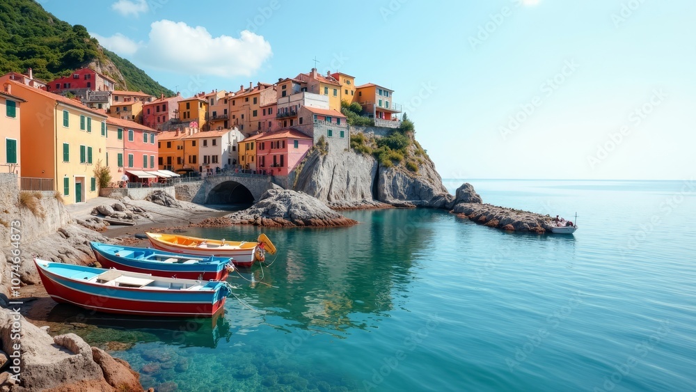 Fototapeta premium Charming Coastal Village with Pastel Houses and Moored Boats