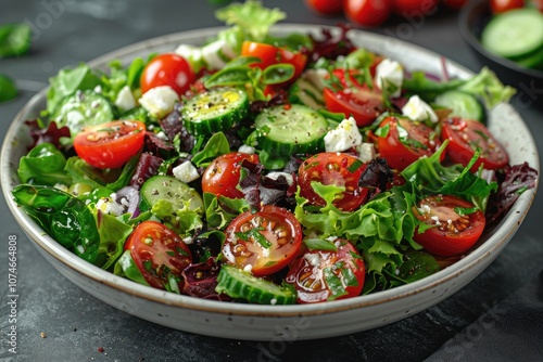 Fresh Green Salad with Cherry Tomatoes, Cucumber, and Feta Cheese