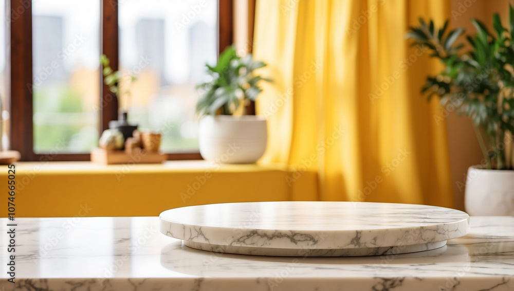 The empty white marble table top with blur background of yellow living room. For product display The empty white marble table top with blur background of yellow living room. For product display