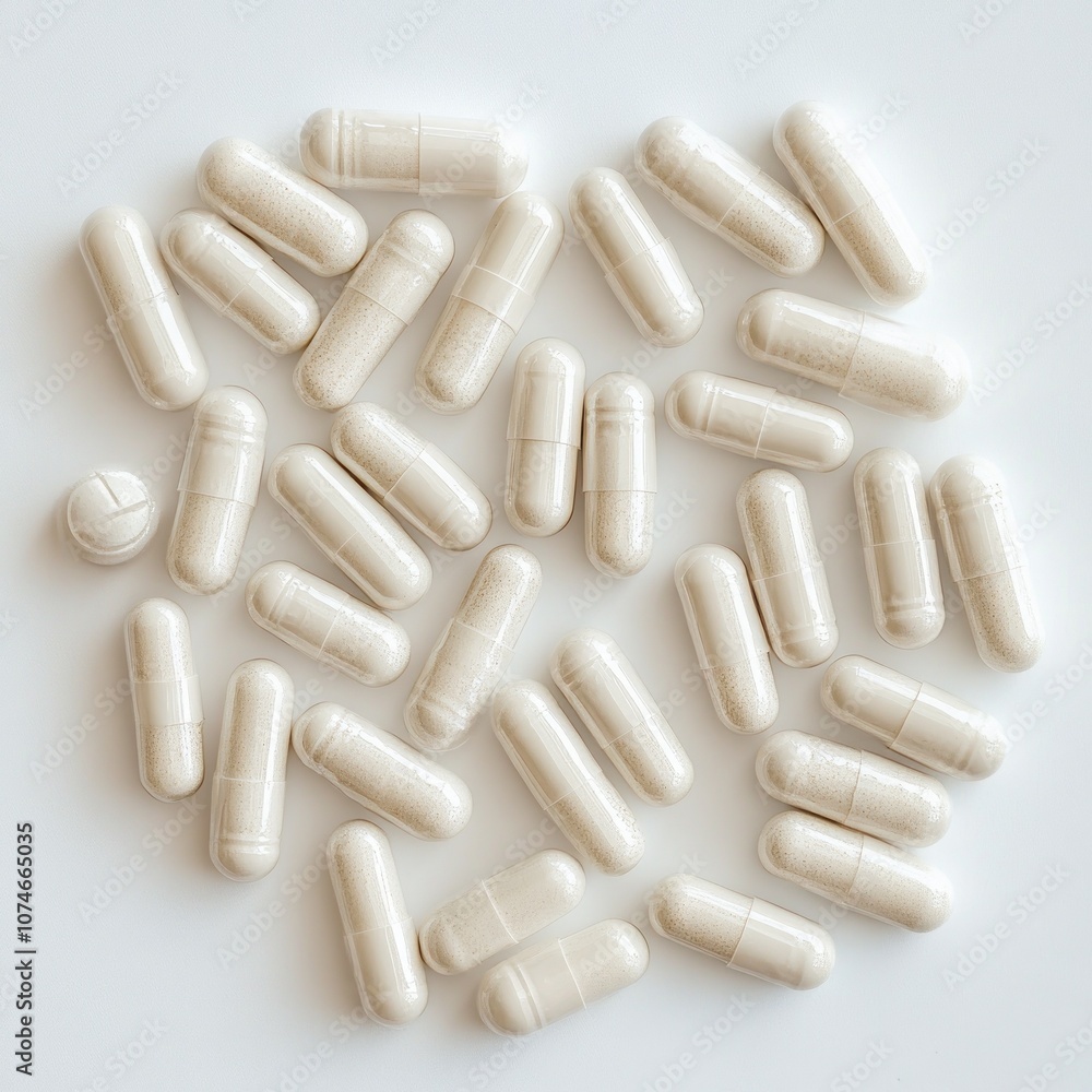White capsules arranged on a clean seamless background. White capsules arranged on a clean seamless background.