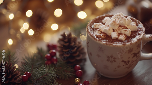 クリスマス装飾とホットチョコレートの冬のカフェテーブル