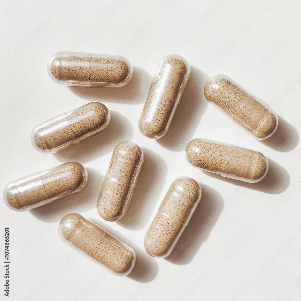 Herbal capsules scattered on a white surface display. Herbal capsules scattered on a white surface display.