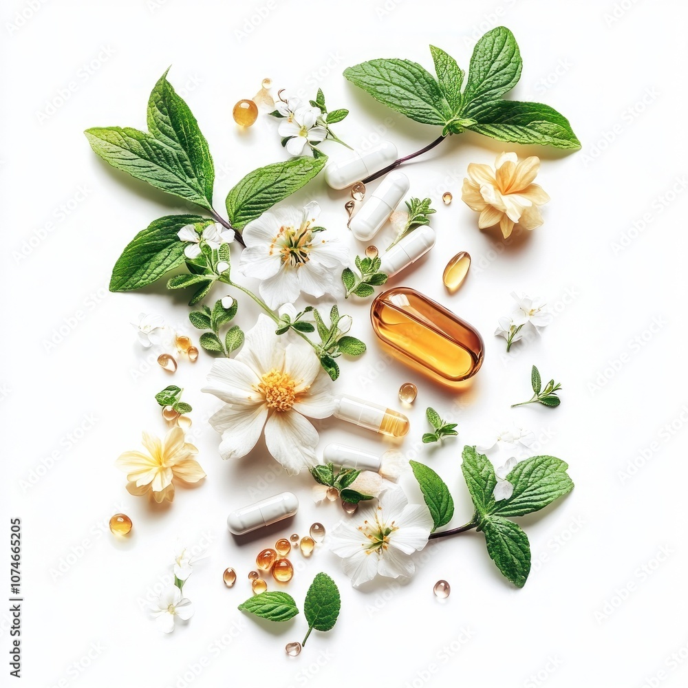 Floral and herbal elements surround vibrant capsules. Floral and herbal elements surround vibrant capsules.