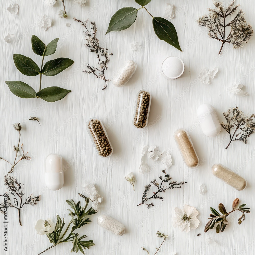 Nature-inspired capsules with greenery and blossoms. Nature-inspired capsules with greenery and blossoms.