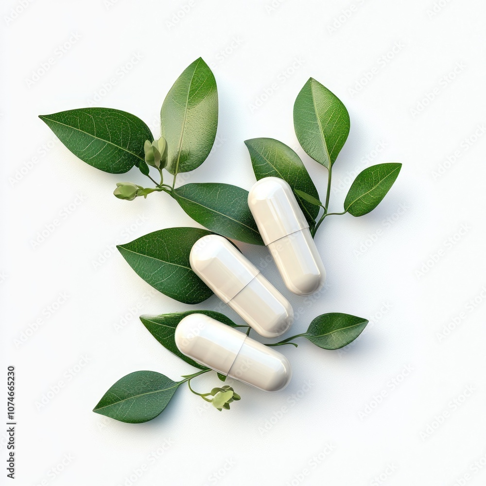 Minimalist depiction of capsules with fresh foliage Minimalist depiction of capsules with fresh foliage
