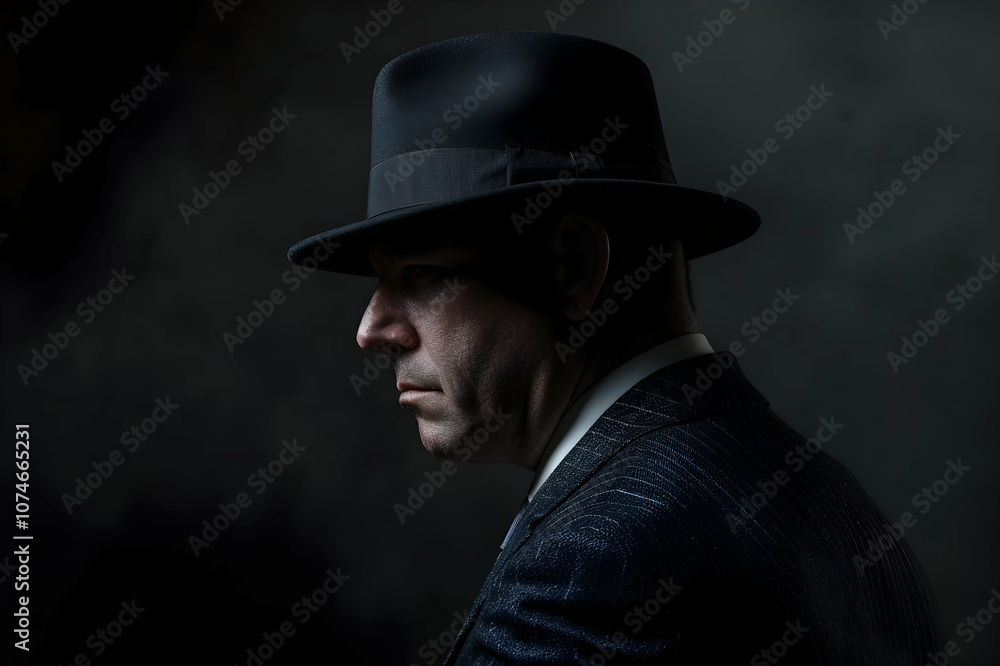 Profile of mafioso in suit and felt hat on dark background Profile of mafioso in suit and felt hat on dark background